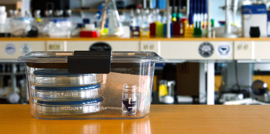 Plastic container with petri dishes in it sits on a shelf in a science laboratory